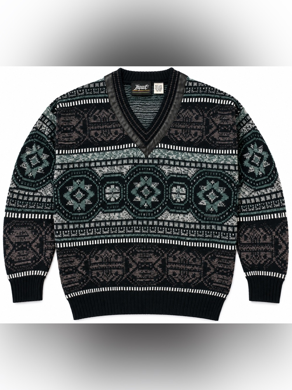Vintage Impact Men’s Large V-Neck Coogi Style Geometric Knit Sweater 90s Korea
